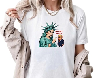 Quiet Piggy Liberty Edition Graphic T-Shirt - Bold Statue of Liberty & Pig Design Shirt - Anti Trump Shirt