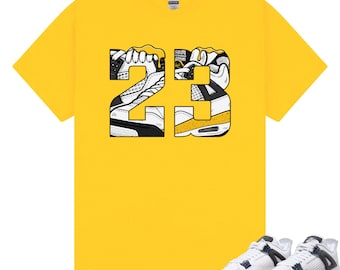 Matchande tröja med nummer 23 till AJ 4 Tour Gula sneakers, AJ 4 Retro Tour Gul Vit Tour Gul Mörkblå Grå Svart Matchtröja