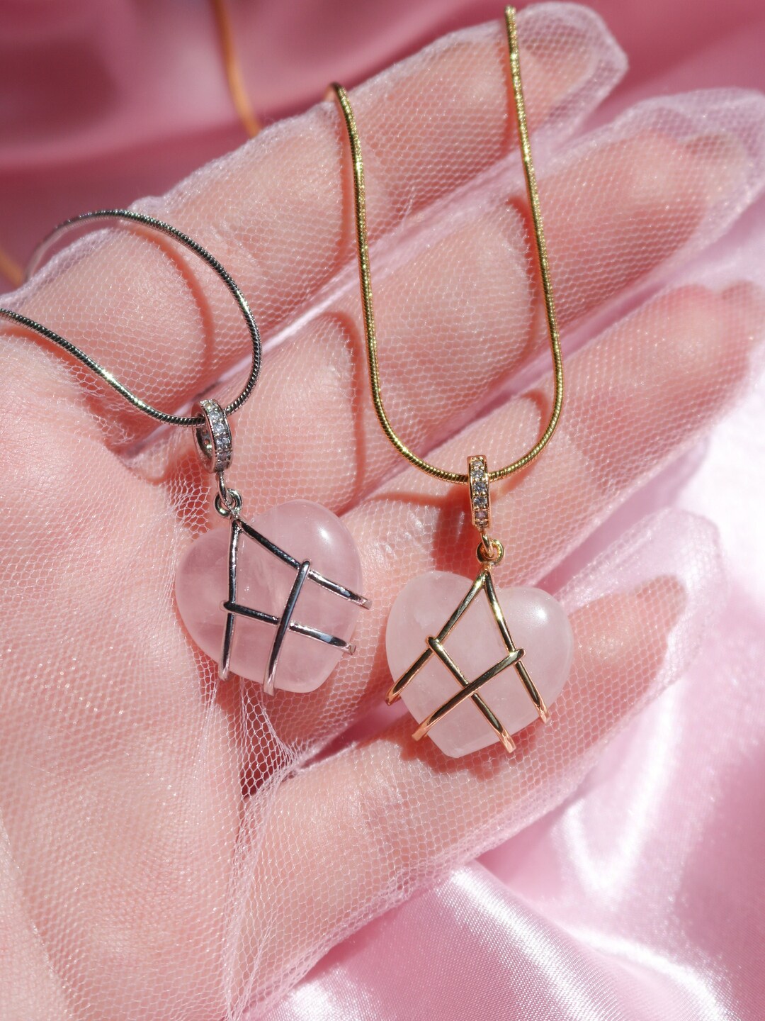 Diamond Castle Rose Quartz Heart Collar Collares - Etsy España