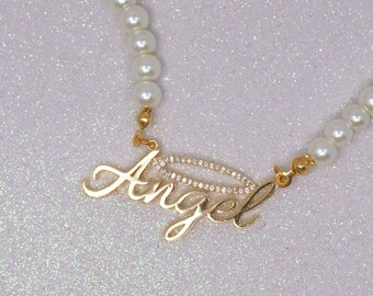 Angel Pearl Name Necklace Gold Plated 