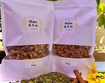 Biologische muesli, muesli, kokosnoot, chiazaad, zelfgemaakt, handgemaakt, gezonde muesli, veganistisch, knapperige muesli, ontbijtgranen, haver, geroosterd