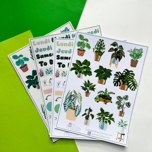 Set mensuel de 2 planches de stickers sur le thème des plantes sur fond blanc pour décoration de carnet, planner, bullet journal.