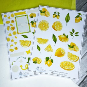 Set mensuel de 2 planches de stickers sur le thème des citrons sur fond blanc pour décoration de carnet, planner, bullet journal.