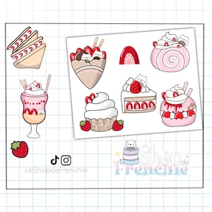Planches de stickers décoratifs de pâtisserie détachables sur fond blanc.