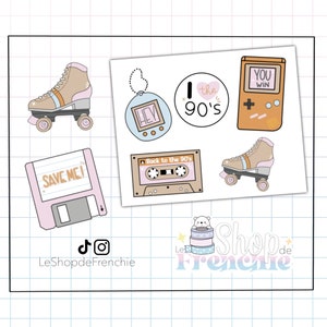May include: A selection of stickers with a 90s theme, including a roller skate, a Tamagotchi, a cassette tape, a floppy disk with "SAVE ME!" text, and a handheld game console with "YOU WIN" text. The stickers are in pastel colours and include the text "I the 90's" and "Back to the 90's".