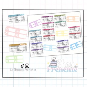 Peut inclure: Feuille d'autocollants de planification sur le thème du voyage. Les autocollants comprennent des billets rectangulaires "My Flight" de différentes couleurs et des autocollants "Vol à" avec des graphiques d'avion. Le nom de la boutique, "LeShopdeFrenchie", est également visible.