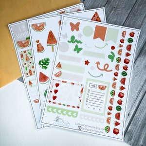 Set mensuel de 3 planches de stickers sur le thème des pastèques pour décoration de carnet, planner, bullet journal.