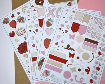 Maandelijkse set van 2 vellen stickers met het thema Valentijnsdag voor het versieren van notitieboekjes, planners, bullet journals.