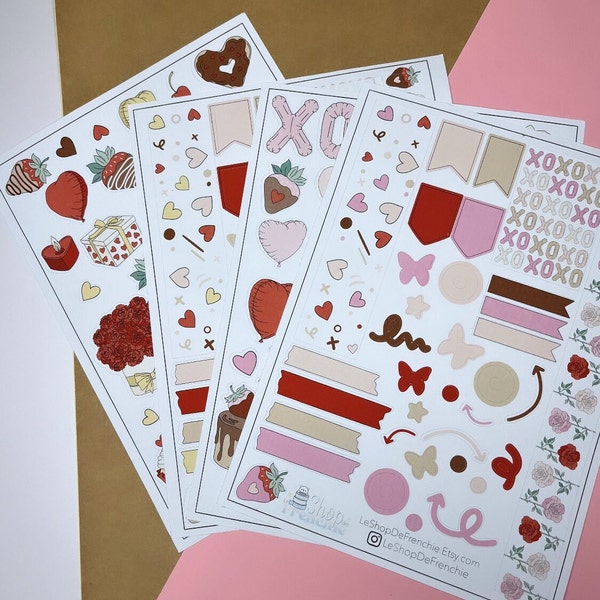 Set mensuel de 2 planches de stickers sur le thème de la Saint Valentin pour décoration de carnet, planner, bullet journal.