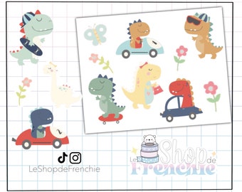 Planches de stickers décoratifs dinosaure pour enfants détachables sur fond blanc.