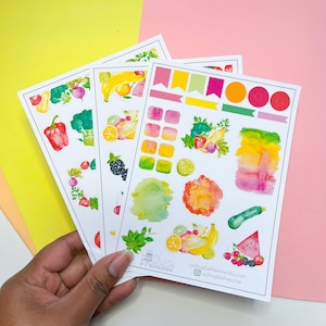 Set mensuel de 2 planches de stickers fruits et légumes pour décoration de carnet, planner, bulle