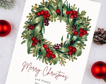 Aquarell Weihnachtskranz - Printable Weihnachtskarte (Digitaler Download)