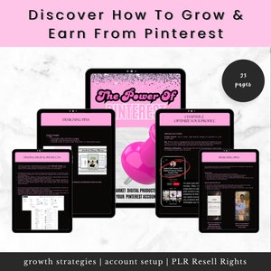May include: A pink and white digital marketing guide with the title "The Power of Interest" and the text "Discover How To Grow & Earn From Pinterest". The guide includes chapters on finding digital products, designing pins, and optimizing your Pinterest profile. The guide is 23 pages long.