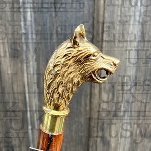 Gehstock aus Holz mit Wolfsgriff, poliert, faltbar, handgefertigt, personalisierbar, graviert, eingraviert, verstellbar