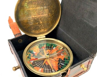 Sundial Pocket Compass With Leather Case Vintage Nautical Compass Push Button Full Brass Enclosure