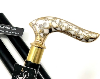 Elegant Curved Handle Antique Design Brass Stylish Hardwood Foldable Walking Stick Curved Flower Handle Designer Wooden Cane In ALL SIZES