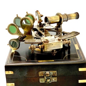 Antique Maritime Nautical Compass Sextant Vintage Marine Astrolabe Ship's Instruments with Wooden Box J. Scott London-Brass Ship Sextant