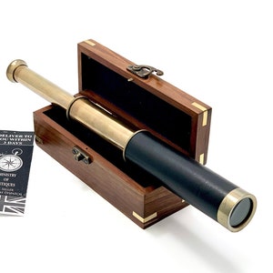 Antique Design Telescope Handheld, Wooden Box Optic Nautical Pirate Scope Spyglass, Leather Covered Telescope with Anchor Engraved Box