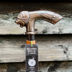 Lion Handle Elegant Sturdy Polished Wooden Walking Stick - Finest Wood Handcrafted Wooden Walking Stick - Perfect for Hiking & Nature Walks