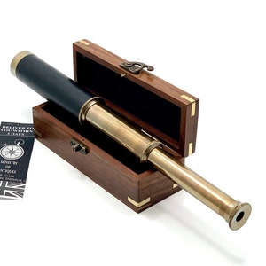 Antique Design Telescope Handheld, Wooden Box Optic Nautical Pirate Scope Spyglass, Leather Covered Telescope with Anchor Engraved Box