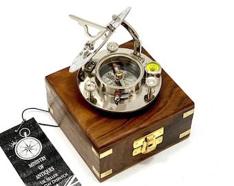 Sundial Compass Silver Colour Vintage Nautical Retro Steampunk Polished Hardwood Box Marine Compass Vintage Nautical Compass & Hardwood Box