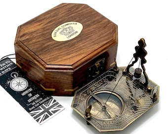 Antique Nautical Sundial Pendulum Compass Engrave Gilbert & Sons London Sundial Compass 4.5" Brass Navigation Compass with Wooden Box