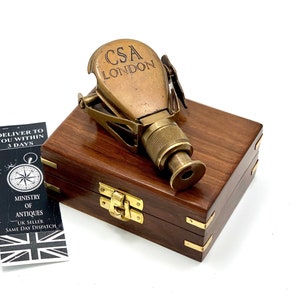Vintage Brass Monocular Marine CSA London Engraved Pocket Binocular With Brass Anchor Top Wooden Box