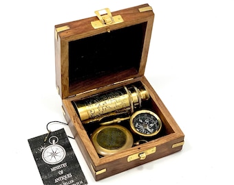 Antique Nautical Gift Set Brass Compass , Compass Key Ring and Engraved Telescope with Polished Hardwood Box