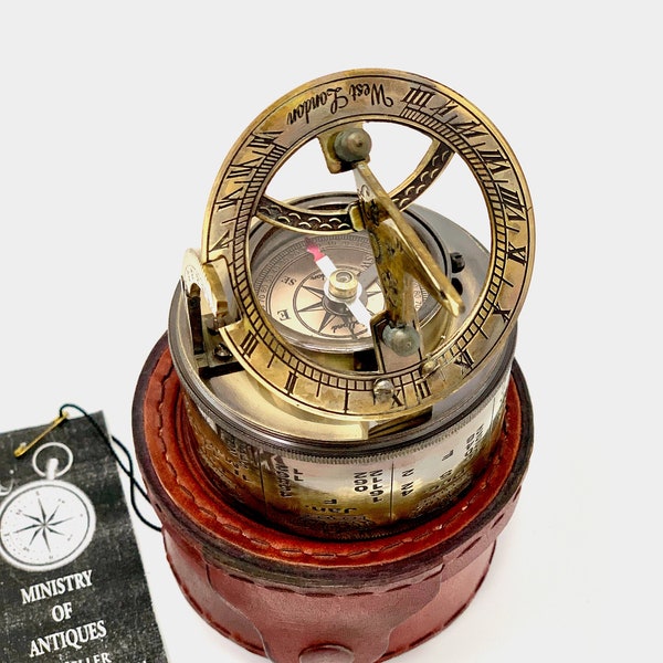 Sundial Calendar Pocket Compass With Leather Case Vintage Nautical Compass Push Button Solid Brass Heavy Glass Top Sundial Compass