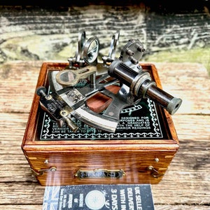 Vintage Antique Brass Sextant & Wooden Case Accurate Navigational Tool for Mariners and Collectors Nautical Antiques Glass Top Hardwood Box
