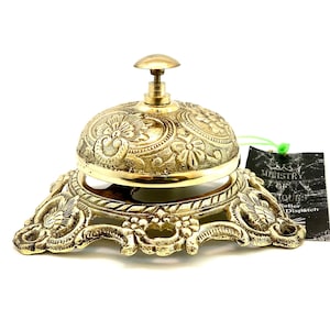 Vintage Embossed Table Desk Bell Shiny Brass Finish Bell Reception Hotel Table Bell Ornate Hotel Counter Desk Bell Solid Brass Bell