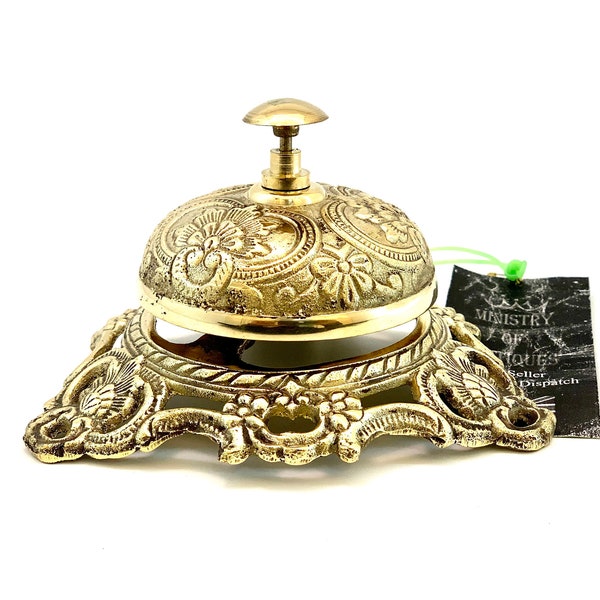 Vintage Embossed Table Desk Bell Shiny Brass Finish Bell Reception Hotel Table Bell Ornate Hotel Counter Desk Bell Solid Brass Bell