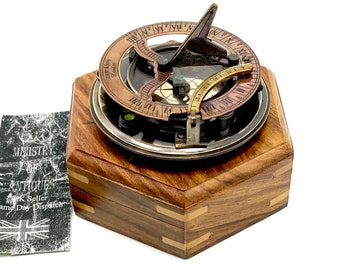 Sundial Compass Vintage Brass Antique Nautical 4" Inch Wooden Box Steampunk Retro / Sundial Captain Compass Nautical 4" With Hardwood Box