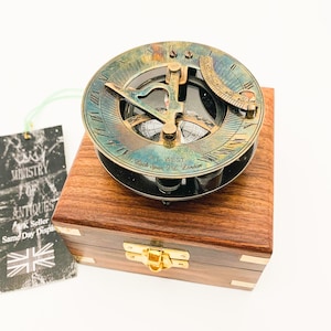 Sundial Compass Solid Brass Vintage Nautical Retro Steampunk Polished Hardwood Box Marine Compass Vintage Nautical Compass and Hardwood Box