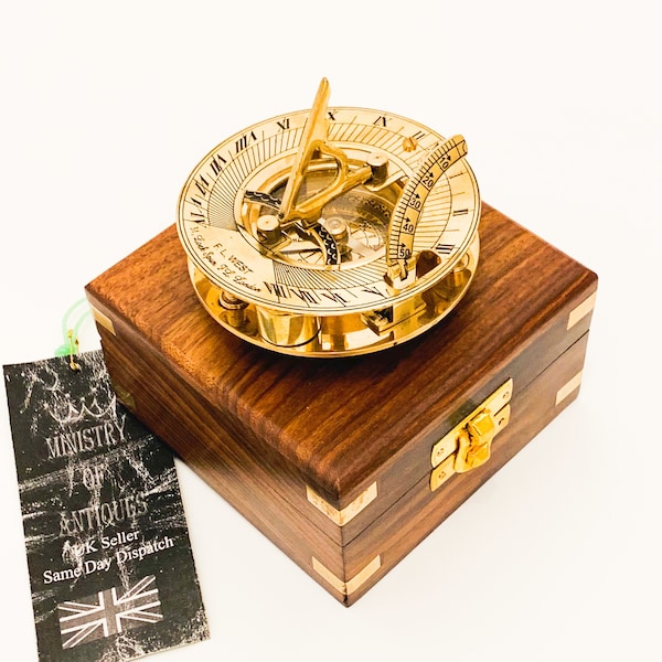 Sundial Compass Solid Brass Vintage Nautical Retro Steampunk Polished Hardwood Box Marine Compass Vintage Nautical Compass and Hardwood Box