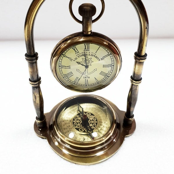 Horloge de table en laiton antique de style boussole, horloge de bureau de bateau maritime, décor de bureau, horloge et boussole en laiton massif magnifiquement gravées