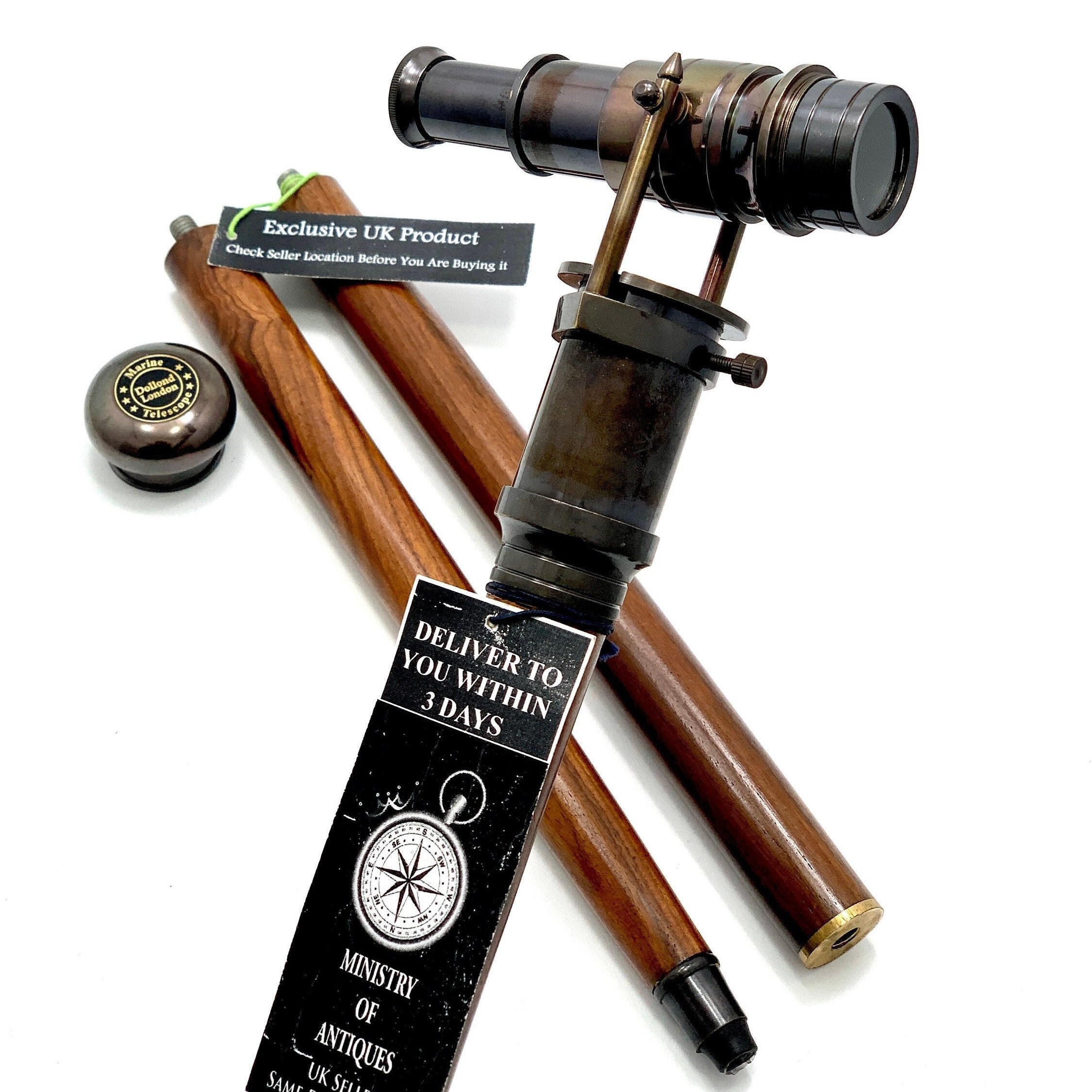 Canne Télescope Ancienne En Laiton Et Bois - Cache Horloge Et Longue-vue - Style Victorien