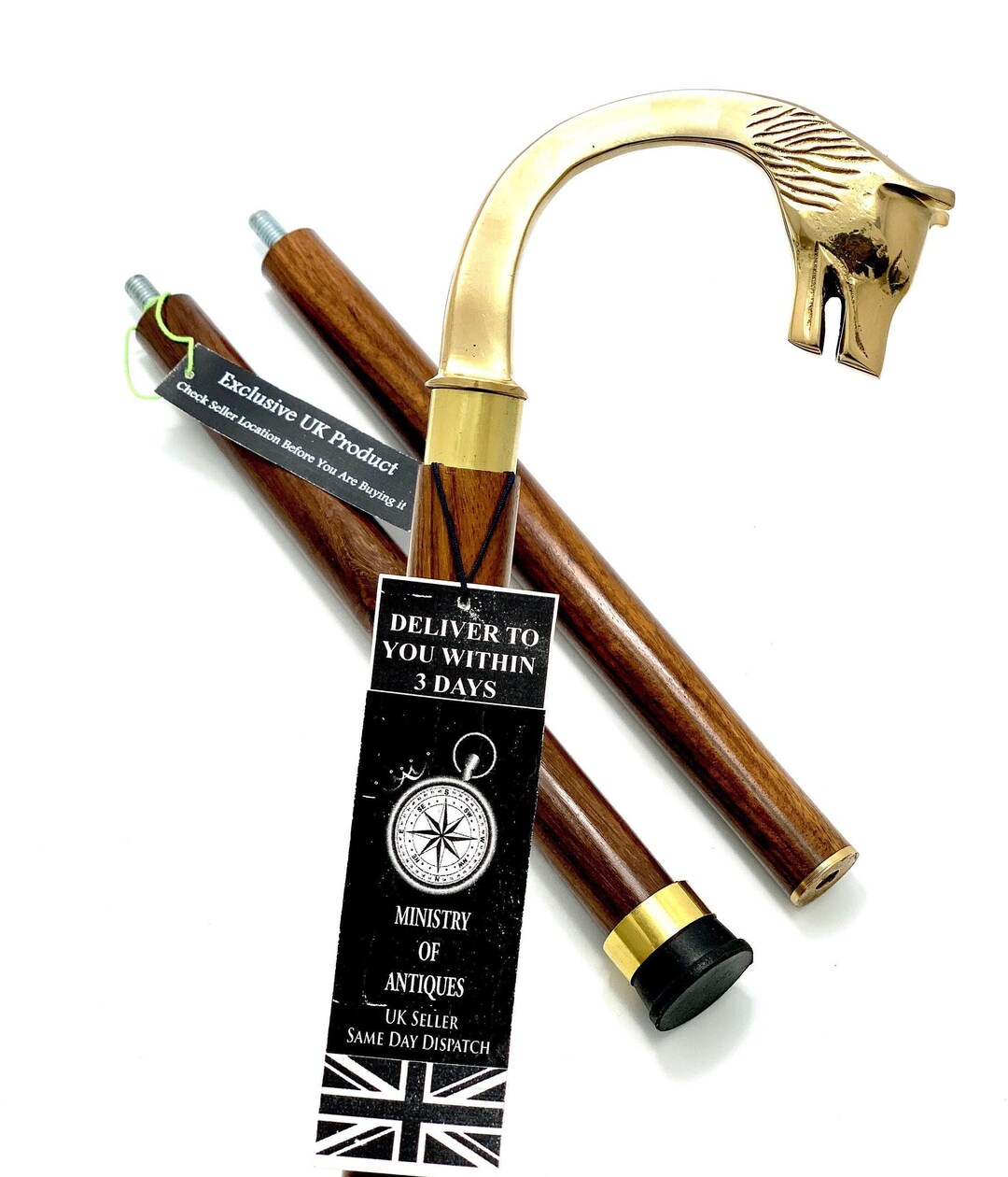 Wolf Handle Wolf Handle Solid Brass Stylish Hard Wood Folding Walking Stick Vintage ...