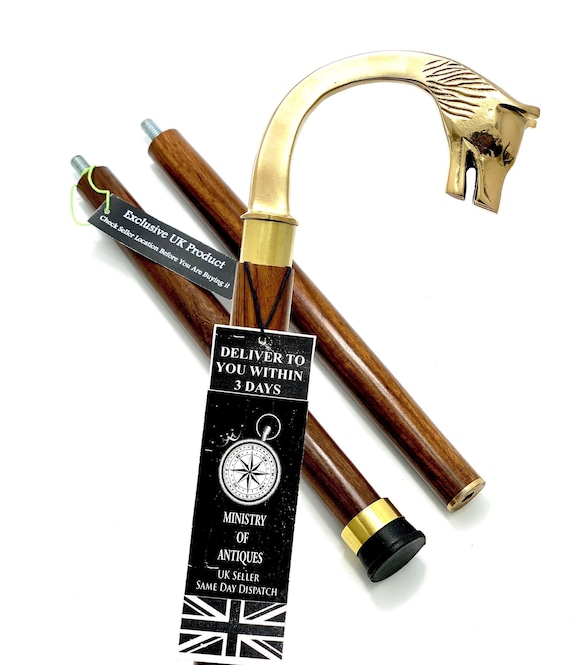 Walking Stick Vintage Designer Brass Bulldog Face Handle Victorian Wooden Cane E - Foto 3