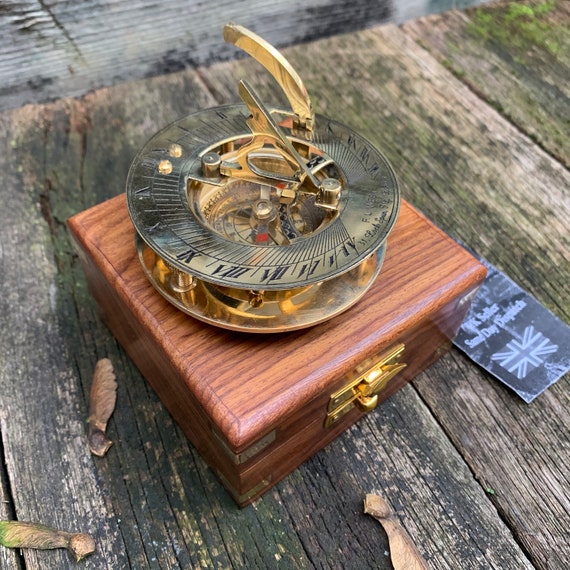 New Solid Brass Nautical 3" Sundial Compass in Wooden Teak Box Steampunk Style 