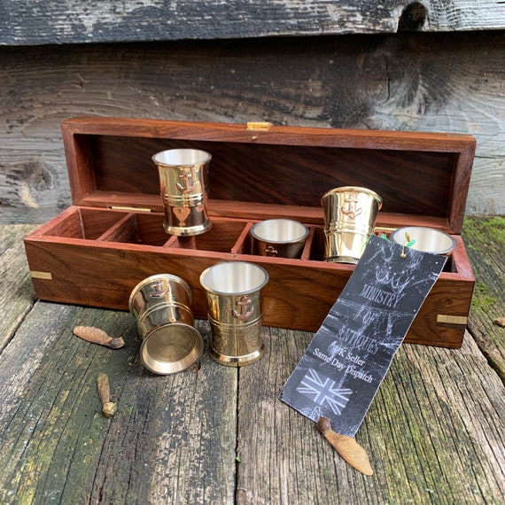 Solid Brass Wooden Shot Glasses Set in Wood Box w/ Latch Solid Brass Wooden Shot Glasses Set in Wood Box w/ Latch