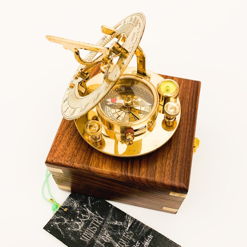 Sundial Compass Solid Brass Vintage Nautical Retro Steampunk Polished Hardwood Box Marine Compass Vintage Nautical Compass and Hardwood Box image 5