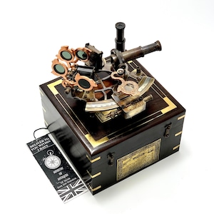 Antieke maritieme nautische sextant Vintage marine astrolabium scheepsinstrumenten met houten kist J. Scott London-messing scheepssextant