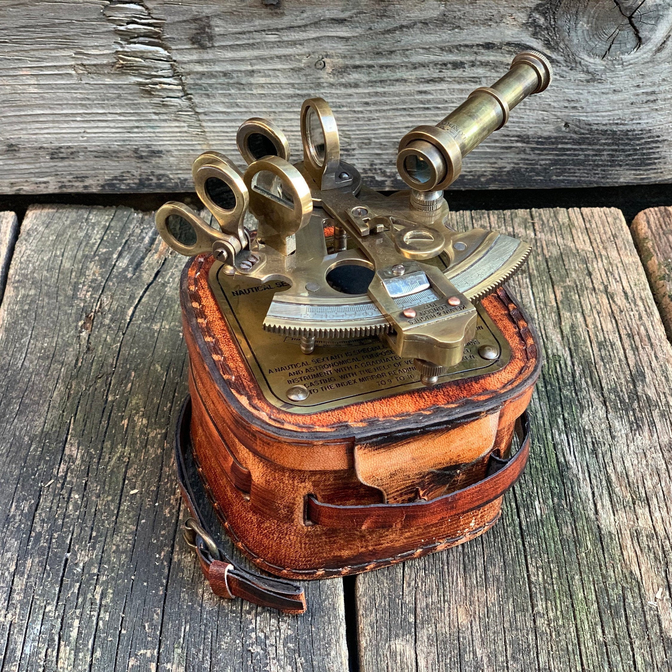 Vintage Maritime Brass Nautical Sextant Leather Case Kelvin Hughes