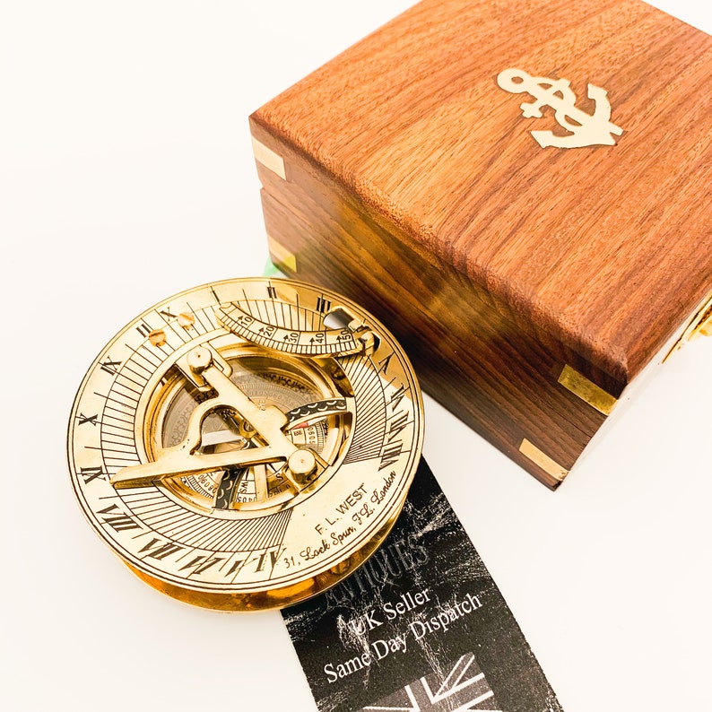 Sundial Compass Solid Brass Vintage Nautical Retro Steampunk Polished Hardwood Box Marine Compass Vintage Nautical Compass and Hardwood Box image 6