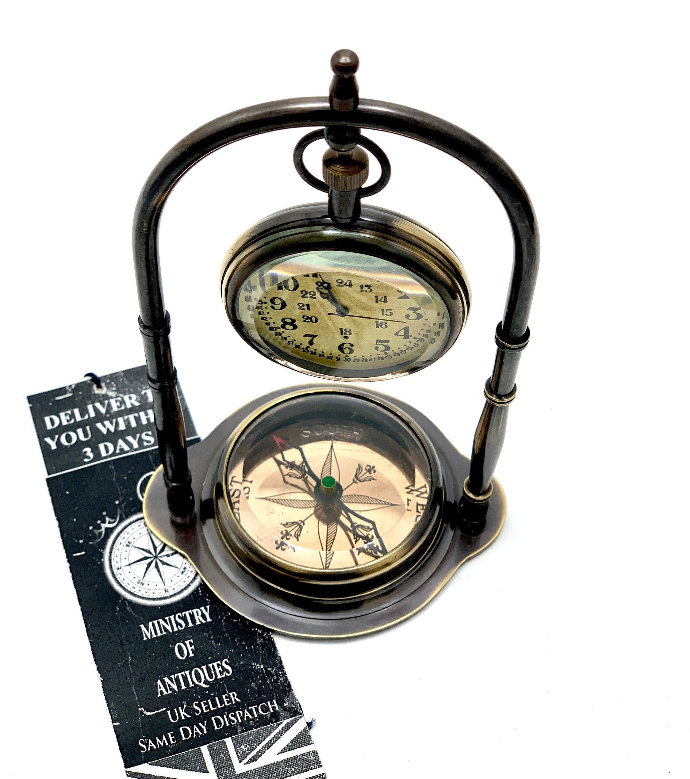 Vintage Victorian Style Clock & Compass Clock in Wooden Box Vintage Desk/T 