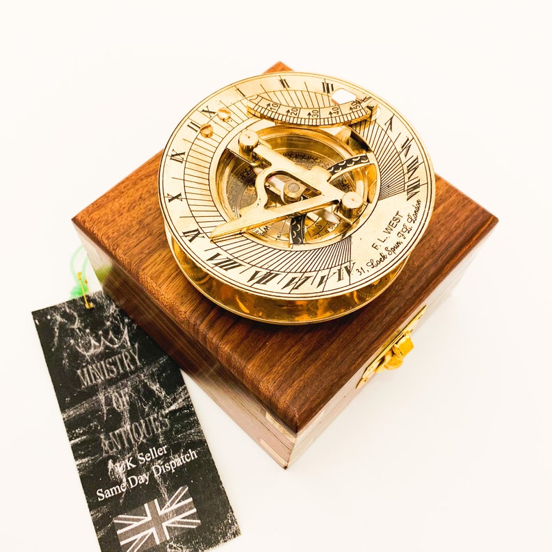 Sundial Compass Solid Brass Vintage Nautical Retro Steampunk Polished Hardwood Box Marine Compass Vintage Nautical Compass and Hardwood Box image 10