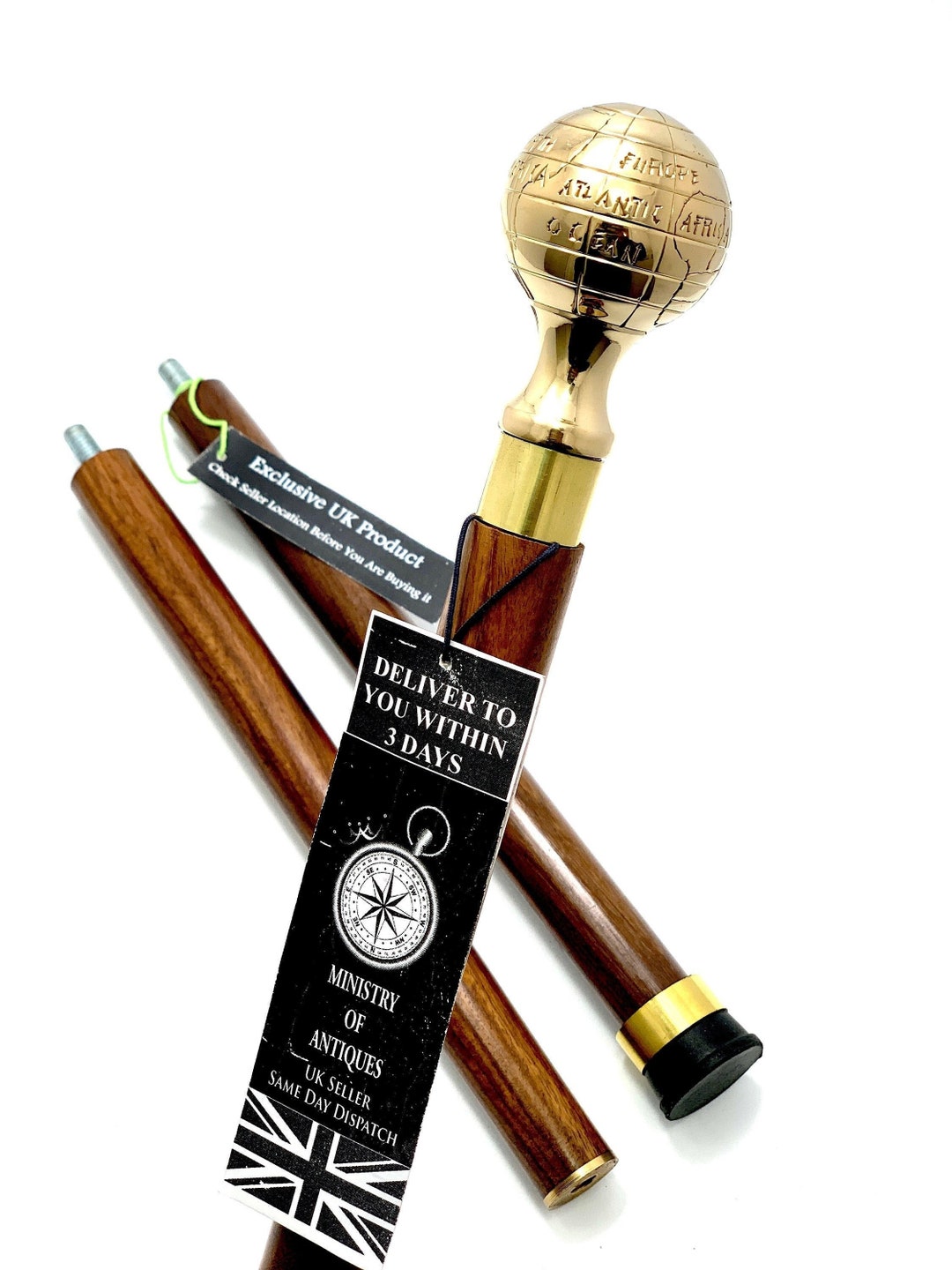 Globe Handle Solid Brass Stylish Hard Wood Foldable Walking Stick