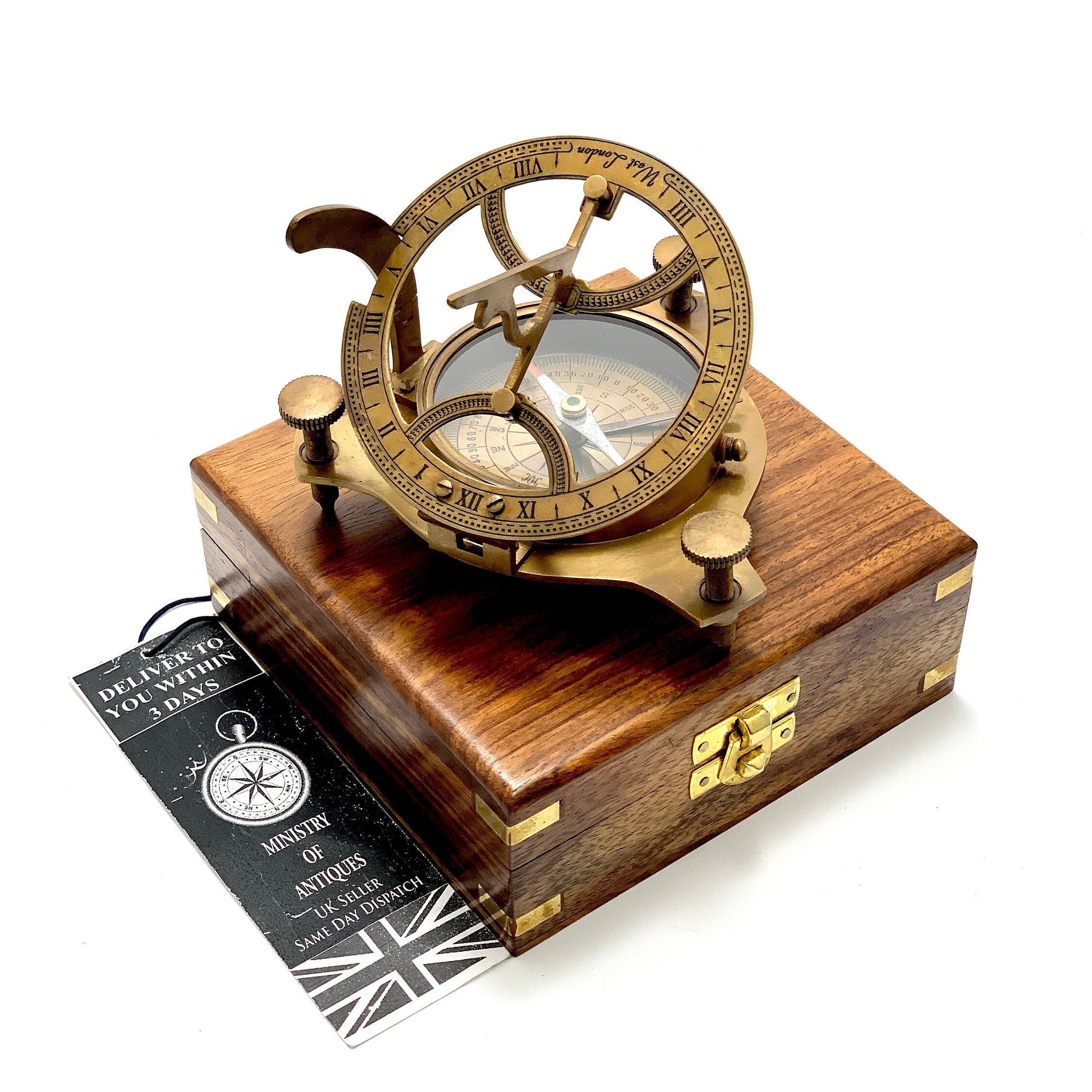 4-1/2 Antiqued Brass Sundial Compass with Wooden Box