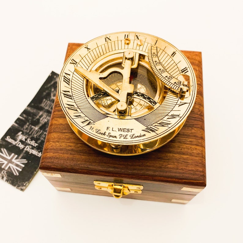 Sundial Compass Solid Brass Vintage Nautical Retro Steampunk Polished Hardwood Box Marine Compass Vintage Nautical Compass and Hardwood Box image 8